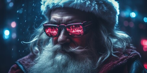 Cyberpunk-style Santa Claus dark and clad in stylized leather clothing with post-apocalyptic accessories. Generative AI