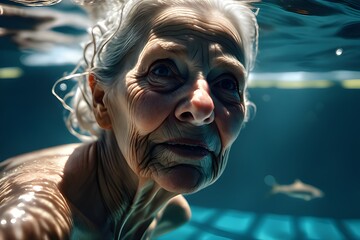 Ageless Grace: Closeup of an Elderly Woman Swimming. Generative AI