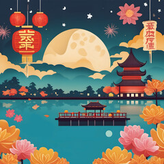 Chinese Moon Festival, appreciate the view from a gazebo with a great river scene and beautiful fireworks and mountains, and a pagoda in the background
