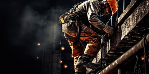An industrial climber hangs at heights, skillfully and safely performing complex tasks on buildings and structures. Generative AI