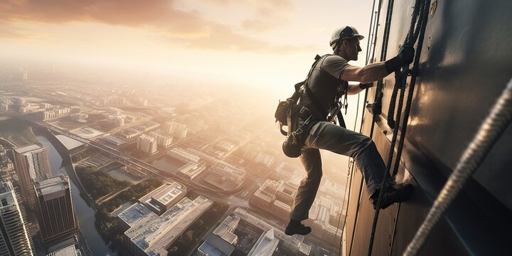 An industrial climber hangs at heights, skillfully and safely performing complex tasks on buildings and structures. Generative AI