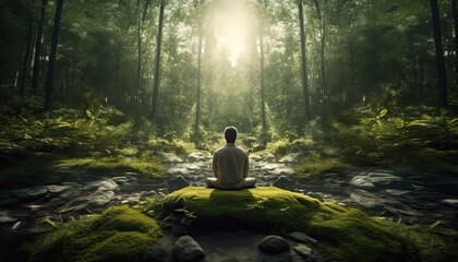 Naklejka na ściany i meble Man deep soul meditating in the nature forest relaxing runaway meditation concept Generative AI