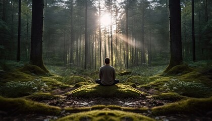 Man deep soul meditating in the nature forest relaxing runaway meditation concept Generative AI - obrazy, fototapety, plakaty
