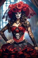 Woman dressed in dia de muertos inspired fashion.