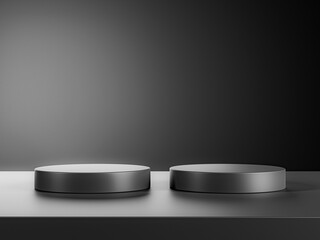 Simple blank luxury black gradient background with product display platform. Empty studio with circle podium pedestal on a black backdrop
