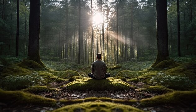 Man deep soul meditating in the nature forest relaxing runaway meditation concept Generative AI