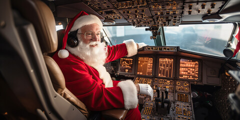 Santa Claus in the airplane cockpit he embarks on a round-the-world journey to bring festive gifts to children. Generative AI