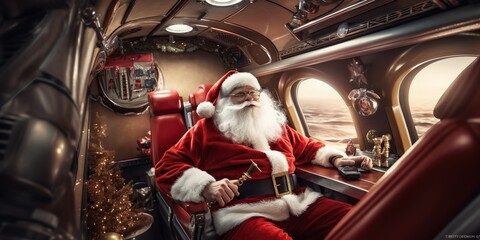 Santa Claus is flying on a plane delivering joy and gifts to children all around the world. Generative AI