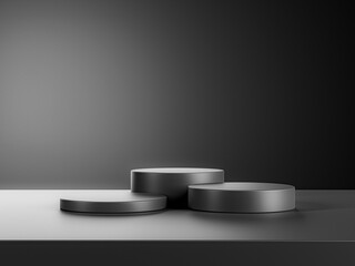 Simple blank luxury black gradient background with product display platform. Empty studio with circle podium pedestal on a black backdrop