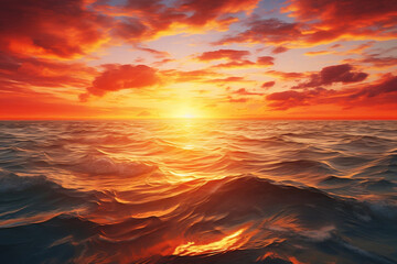 Fiery sunset over the ocean, setting the sky ablaze with hues of gold and orange.