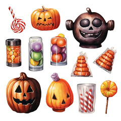 Whimsical Pumpkin Lantern and Candy Set Halloween decorations on a transparent background