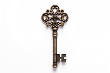 Ancient skeleton key with intricate design isolated on a white background, symbol of mystery and unlocking secrets, vintage and timeless