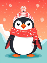 Fototapeta premium Cute penguin in a hat, scarf and mittens. Vector illustration.AI Generated