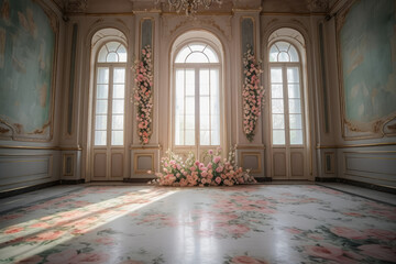 Fototapeta premium Luxury Palace Interior decorated pink roses. Wedding interior and decor