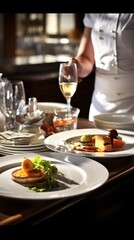 Table setting with plate in fine dining restaurant. The lighting is moody.