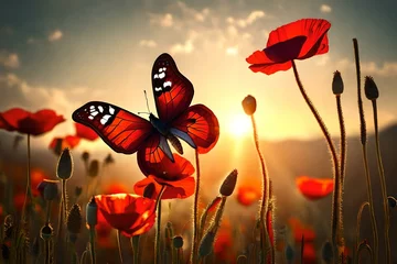 Fototapeten a red beautiful butterfly on poppy flowers © Choudhry