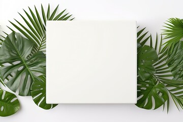 Top view square coaster or plate with tropical green leaves of palm and monstera on white background. Empty space for product placement or text.