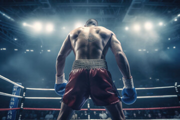 Fototapeta na wymiar Back view of professional boxer. Ring match with spot lighting. Generative AI