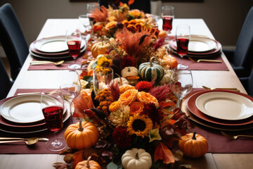 Fall table setting for celebration Thanksgiving or Friendsgiving day, family party. AI generated