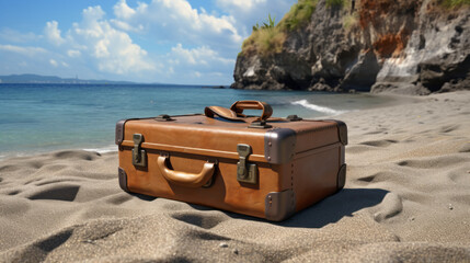 A brown suitcase sitting on top of a sandy beach