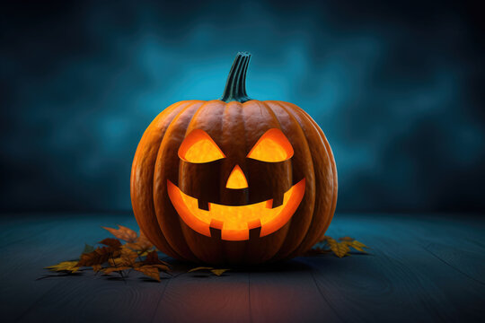 Halloween pumpkin with scary face on dark background. AI generated