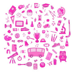 School supplies icons set in doll cute pink colors. Vector colorful illustration. Hand drawings on a white background.