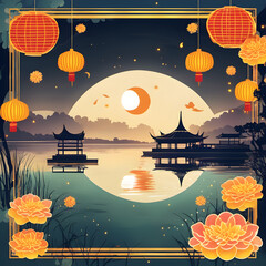 Happy Mid-Autumn Festival, beautiful view, lake, gazebo, mountains, full moon, reflection, Chinese-style flowers, stunning night
