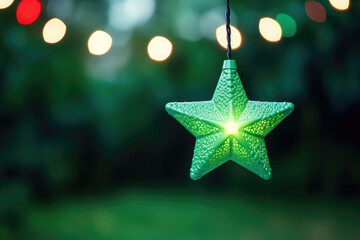 Christmas star lights on blurred green background. Led string light decoration. AI generated