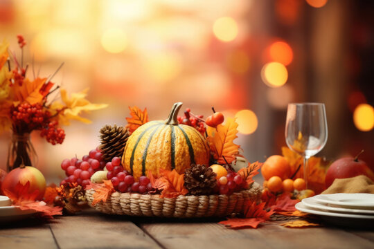 Bright background with beautiful thanksgiving decorating. Pumpkins with fruits, flowers, vegetables and leaves. AI generated