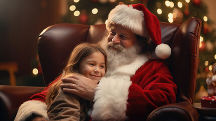 Fototapeta na wymiar Santa Claus and Little Girl On Christmas. Generative AI