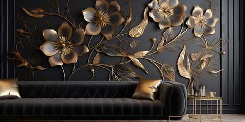 Metal Wall Art Decor Living Room,  Golden Flowers And Leaves Are Arranged On A Black Wall With Gold Decorations Background, Custom Abstract Gold Plant Flower Big Leaf Wall, generative Ai

