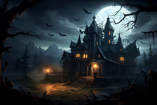 Halloween Castle Background. AI technology generated image