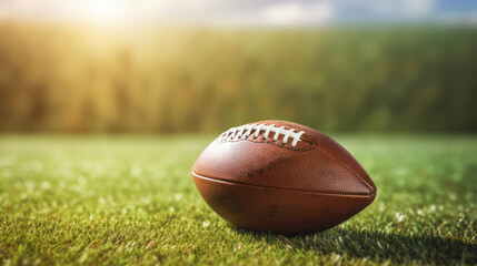 A leather ball for American football lying with its seams in focus on a green grass background.
