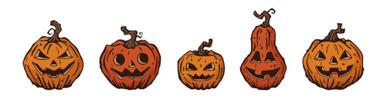 Set of pumpkins with faces. Jack O' Lantern. Halloween vector clipart on transparent background.