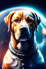 Dog in space suit in cosmic galaxy, fantasy astronaut in universe.