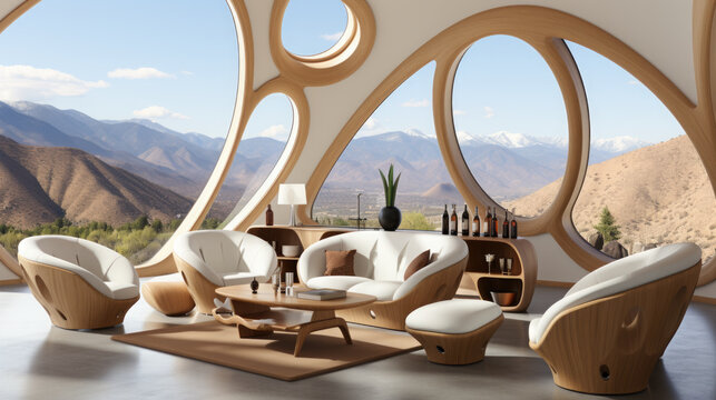 A living room filled with furniture and a view of mountains. Digital image.