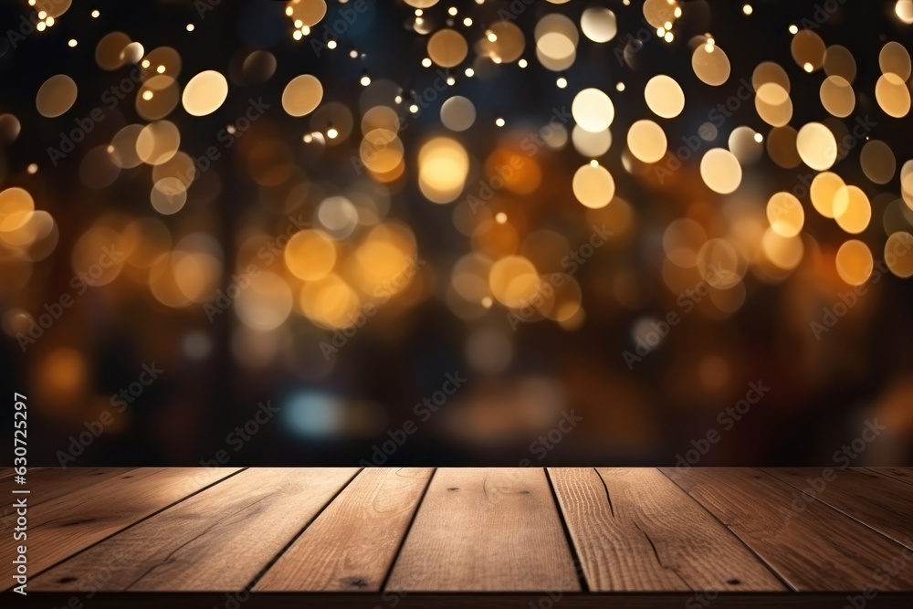 Poster empty wooden table and bokeh background. for product display, generate ai