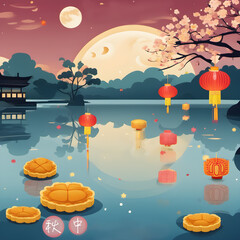 Mid-Autumn Festival, Chinese Moon Festival, full moon, lanterns, trees, mountains, beautiful lake, tasty moon cake, relax. Chinese Translation Mid-Autumn