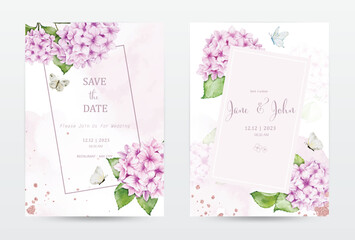 Set of pastel watercolor invitation cards with pink hydrangea flowers