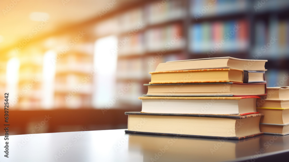 Poster book stack on wood desk and blurred bookshelf in the library room.created with generative ai technol