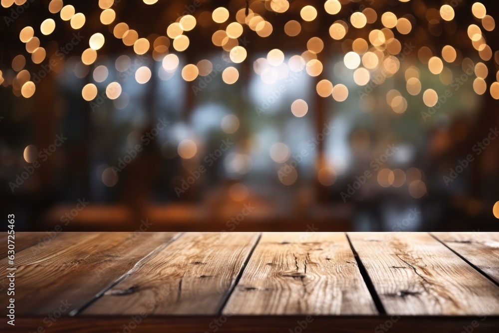 Poster empty wooden table and bokeh background. for product display, generate ai
