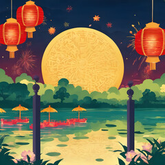 Mid-Autumn Festival, Chinese Moon Festival, full moon, lanterns, trees, mountains, beautiful lake, tasty moon cake, stunning fireworks, night view, grasses, trees