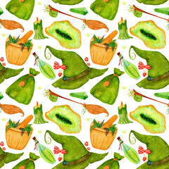 Watercolor pattern with witch items, accessories, interior elements. Pattern for Halloween products, wrapping etc.
