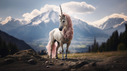 Majestic unicorn standing in fairytale landscape, Generative AI illustration