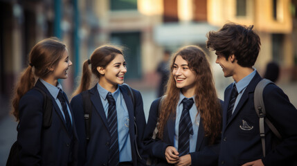 A group of high school teenagers chatting with each other on the street in front of the school building.Created with Generative AI technology.