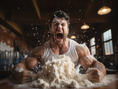 Extremely displeased body builder hitting huge pile of protein powder, Generative AI illustration