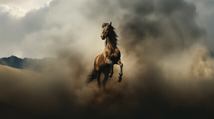 Majestic mustang horse rearing in the dust, Generative AI illustration
