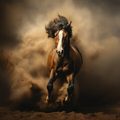Obraz na płótnie Canvas Majestic horse running in dust cloud, Generative AI illustration