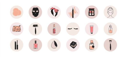 make-up beauty cosmetics product vector line illustration icon set feminine skin care products and tools brush cream lipstick mascara oil gel nail polish