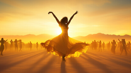 Woman in dress Dancing in the desert at sunset, Generative AI Illustration